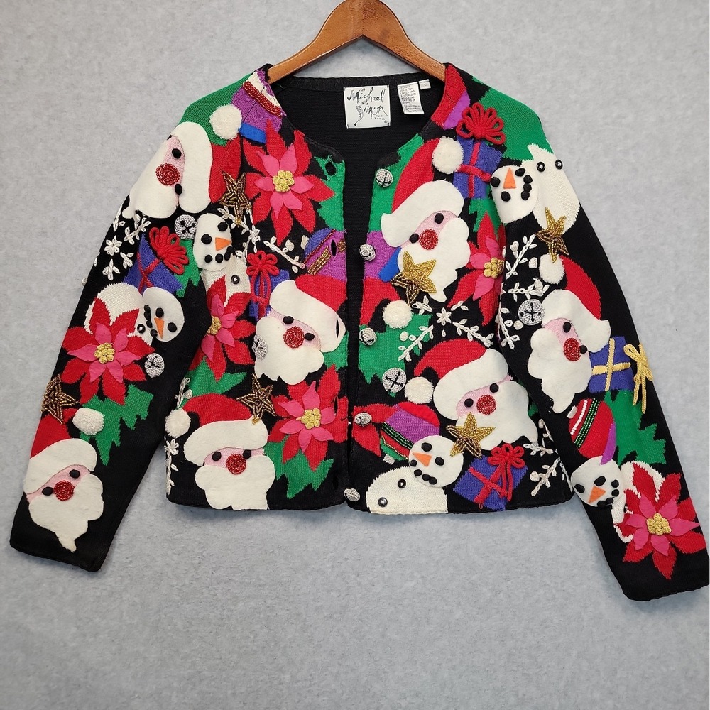 Vtg Michael Simon 1998 Christmas Santa Snowman Beaded Cardigan Sweater Sz L